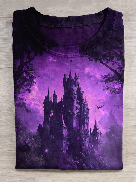 Purple Castle Art Print Short Sleeve Casual T-Shirt