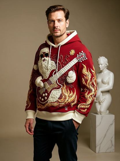 Men's Christmas Santa Guitar Drop-Shoulder Hoodie (No Pockets)