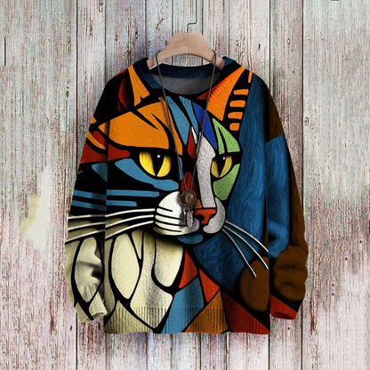 Abstract Art Cat Multicolor Print Casual Pullover Knitted Sweater