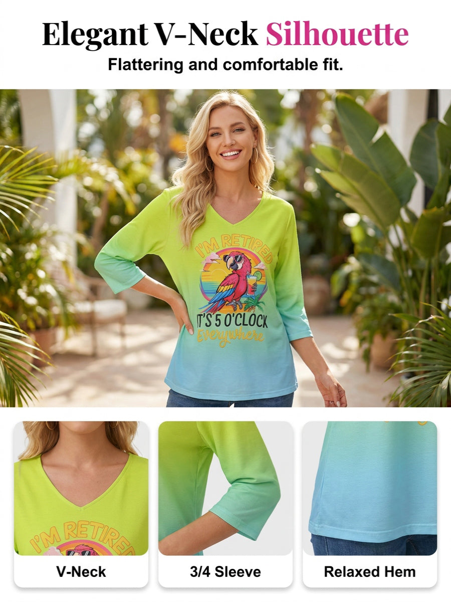 Women's I'm Retired It's 5 O'clock Everywhere Parrot Print Casual Half-Sleeve Top