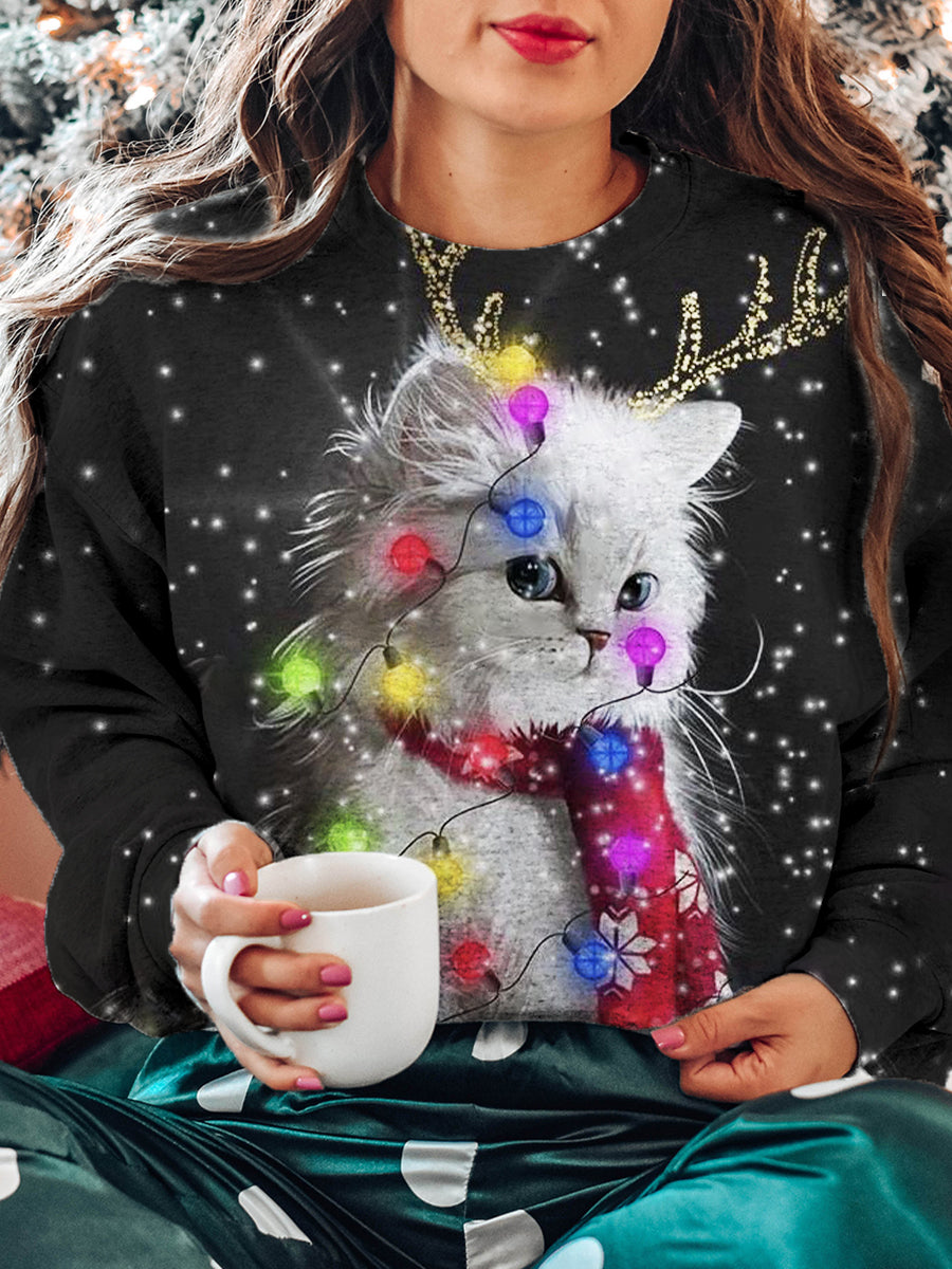 Women's Christmas Lights Cat Pattern Casual Round Neck Long Sleeve Sweatshirt