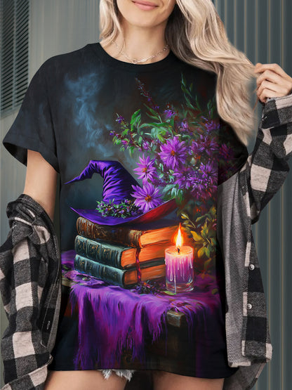 Magic Book Witch Art Print Unisex Round Neck Short Sleeve Casual T-Shirt