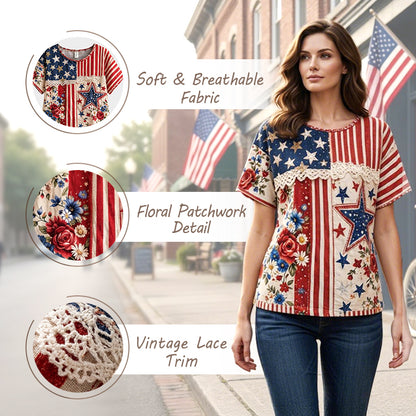 Women's Retro American Floral Patchwork Print Casual T-shirt
