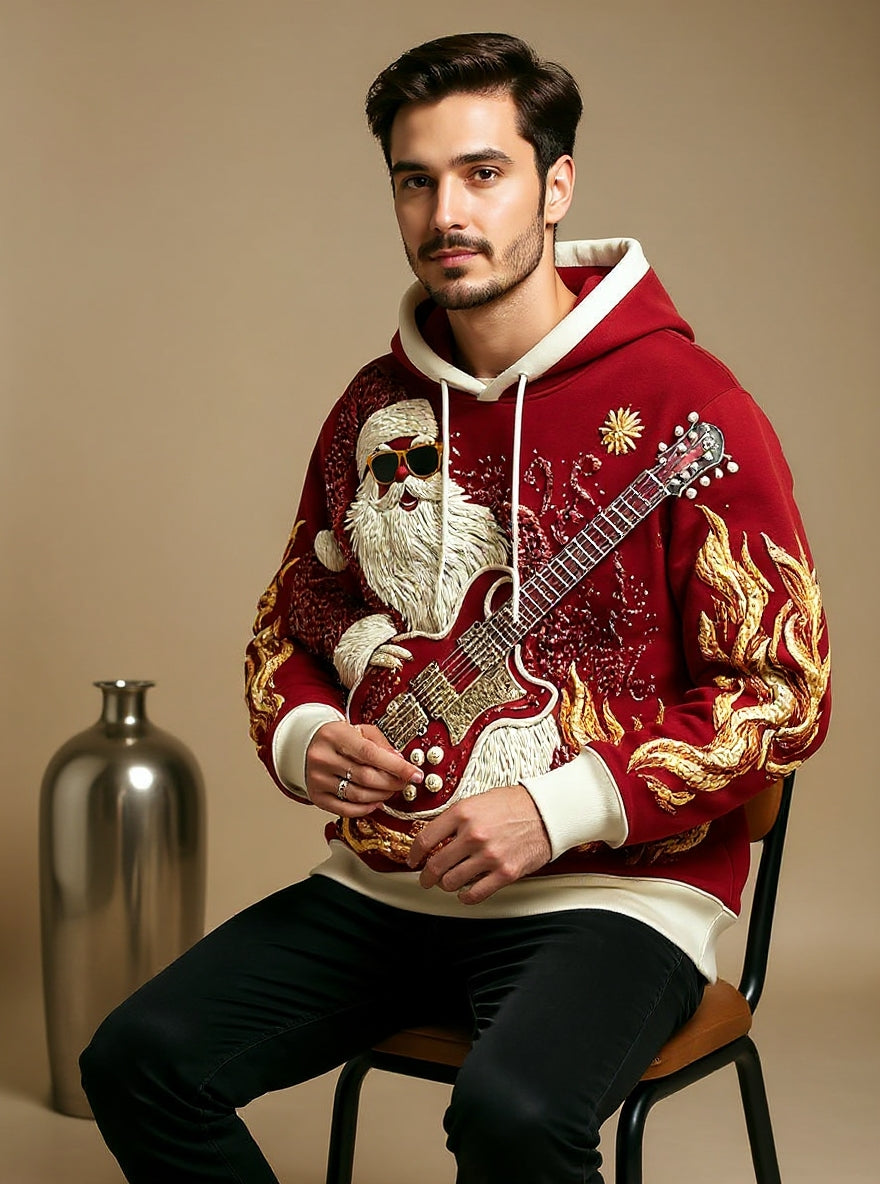 Men's Christmas Santa Guitar Drop-Shoulder Hoodie (No Pockets)