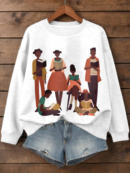 Women's Reading Lovers Illustration Print Cotton Long Sleeve T-Shirt Thin Sweatshirt