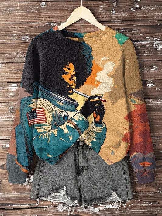 Women's Afro Woman Astronaut Future Sci-Fi Art Print Casual Sweatshirt