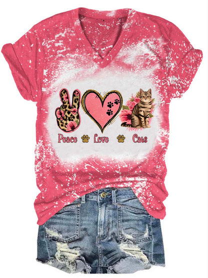 Peace Love Cat  Print V-Neck Top