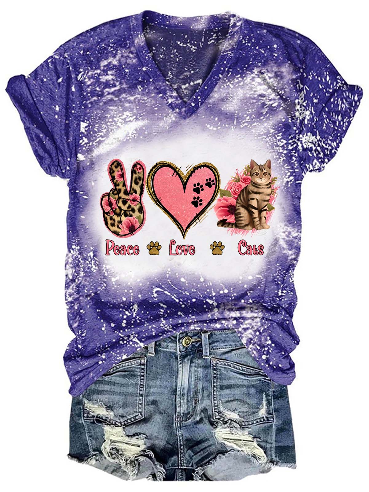 Peace Love Cat  Print V-Neck Top