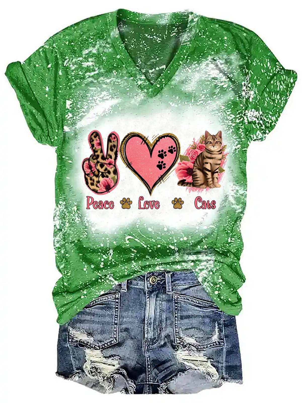 Peace Love Cat  Print V-Neck Top