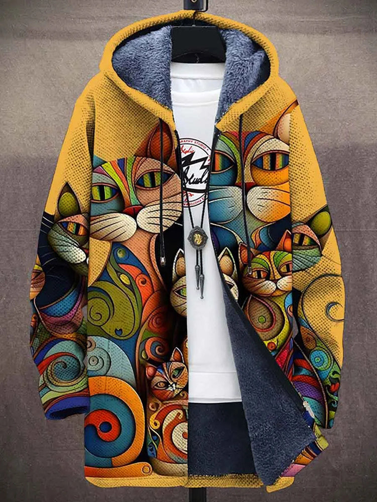 Cat Art Plush Thick Long Sleeve Printed Sweater Cardigan Jacket