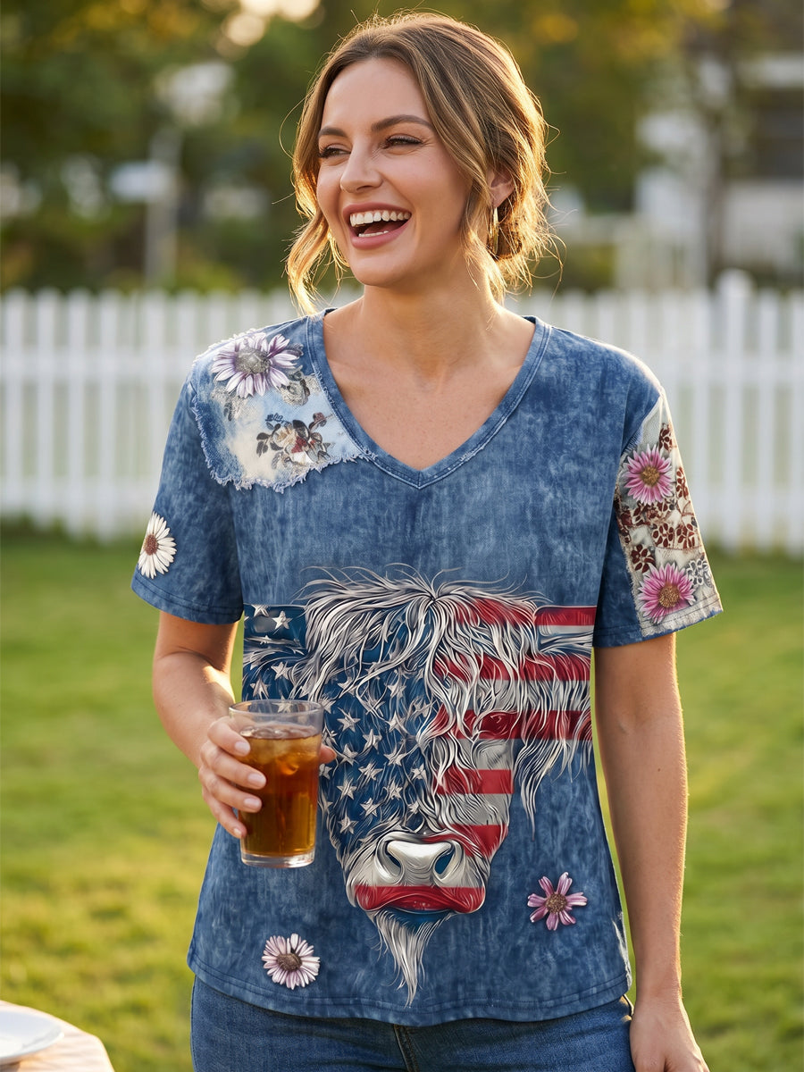 Women's American Flag Highland Cow Print Casual T-Shirt