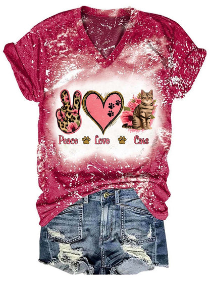 Peace Love Cat  Print V-Neck Top