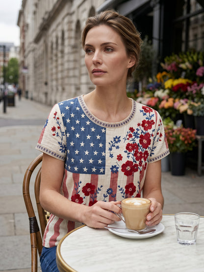 Women's Independence Day Flag & Floral Pattern Casual Short Sleeves Top