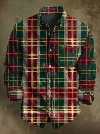 Vintage Plaid Print Christmas Casual Long-Sleeve Shirt