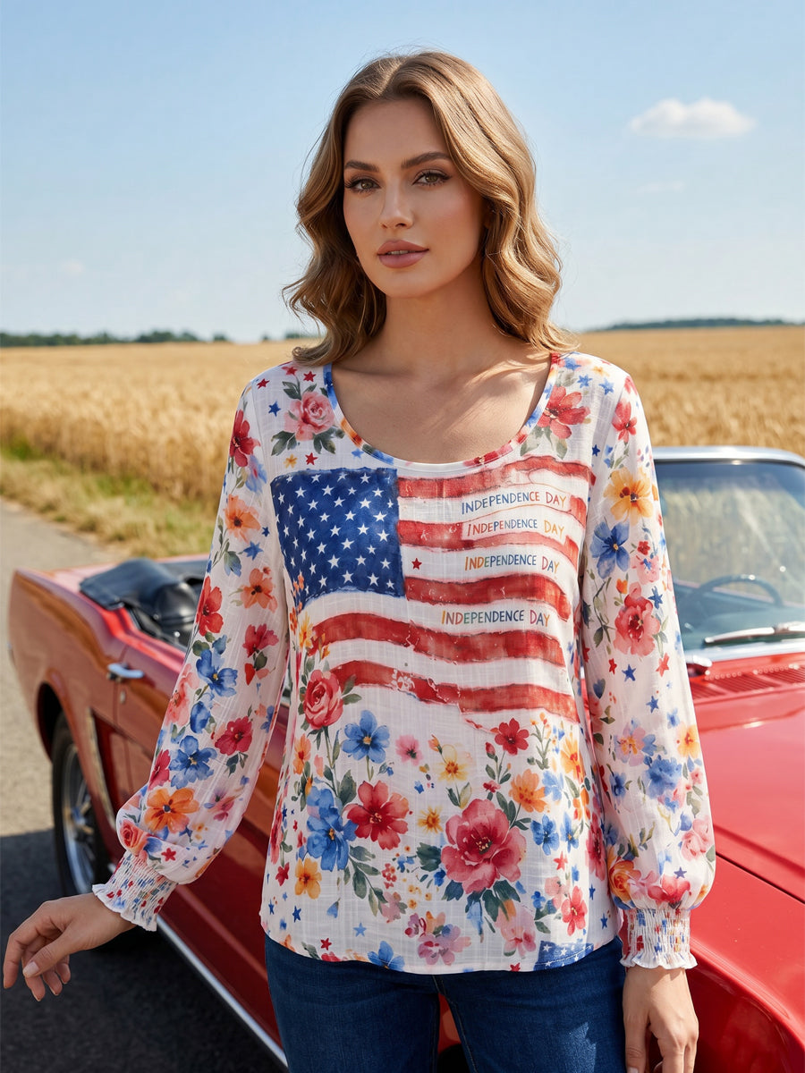 Women's Independence Day Flag & Floral Pattern Casual Long-sleeve Top