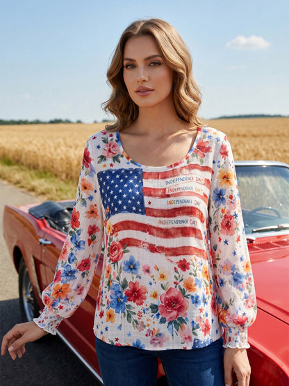 Women's Independence Day Flag & Floral Pattern Casual Long-sleeve Top