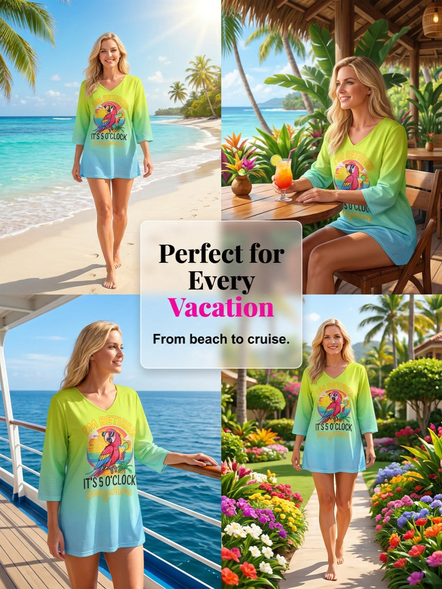 Women's I'm Retired It's 5 O'clock Everywhere Parrot Print Casual Half-Sleeve Top