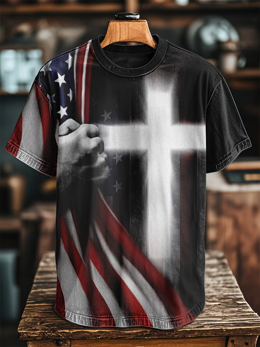 Men's Vintage Casual American Flag Cross Art Short Sleeve T-Shirt