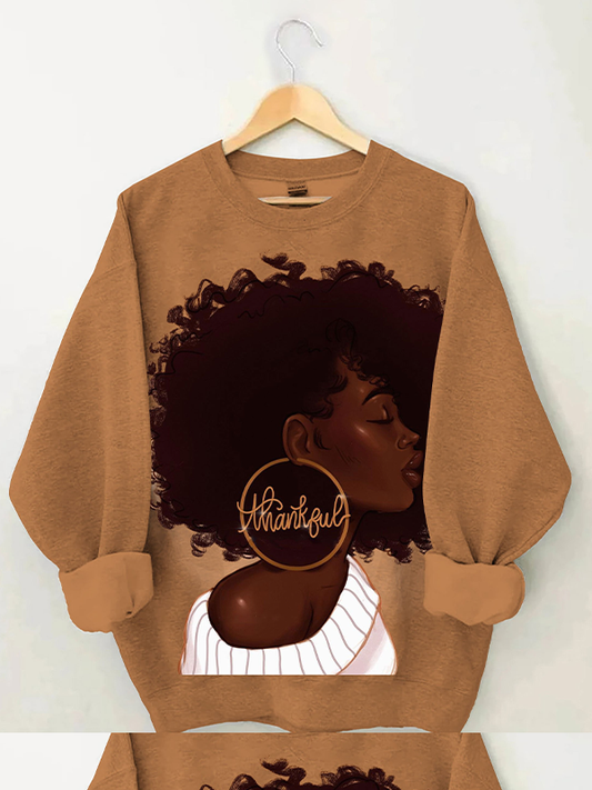 Women's Big Earrings Off The Shoulder Black Girl Portrait Art Print Casual Sweatshirt