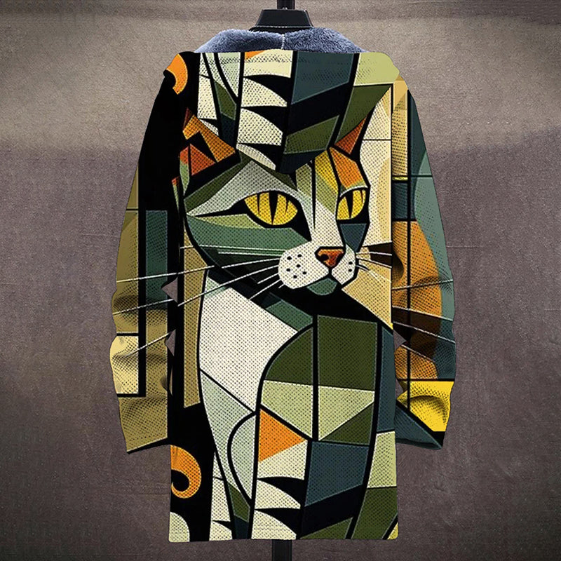 Abstract Geometric Cat Art Pattern Plush Thick Long Sleeve Sweater Cardigan Jacket