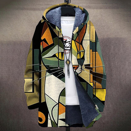 Abstract Geometric Cat Art Pattern Plush Thick Long Sleeve Sweater Cardigan Jacket