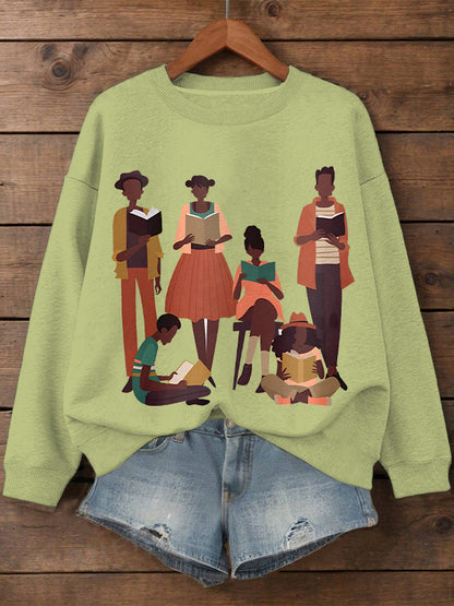 Women's Reading Lovers Illustration Print Cotton Long Sleeve T-Shirt Thin Sweatshirt