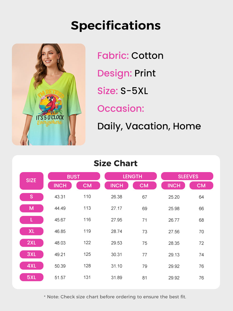 Women's I'm Retired It's 5 O'clock Everywhere Parrot Print Casual Half-Sleeve Top
