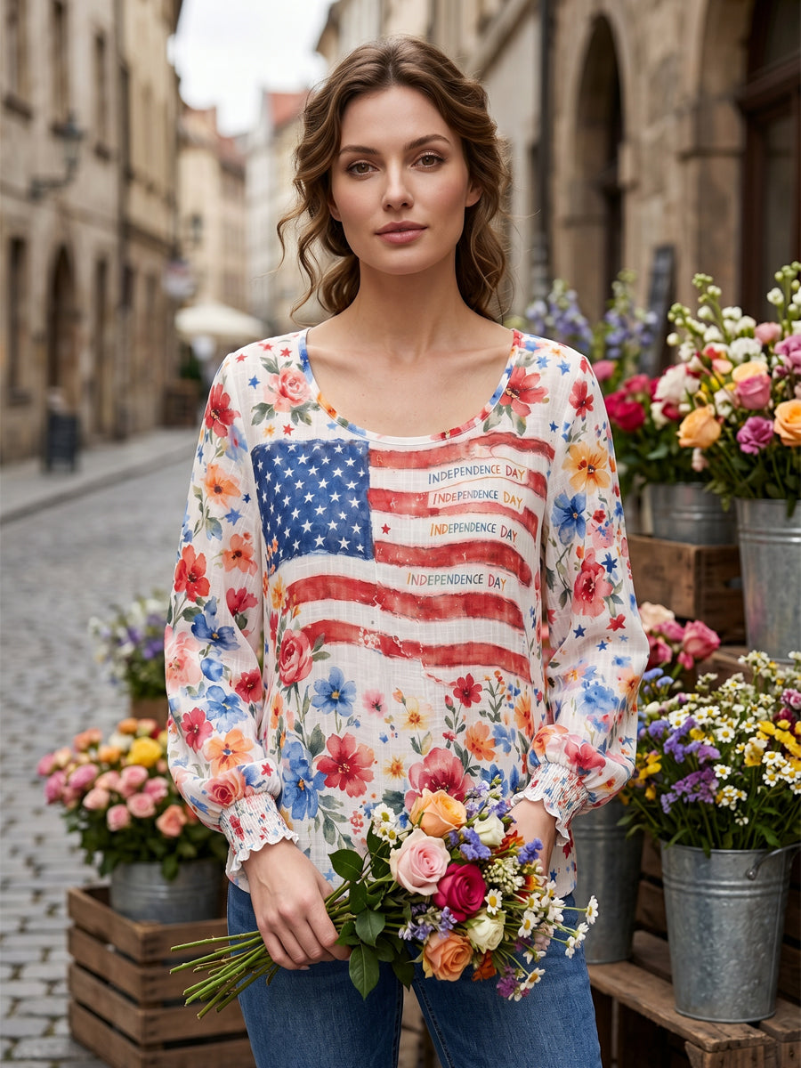 Women's Independence Day Flag & Floral Pattern Casual Long-sleeve Top