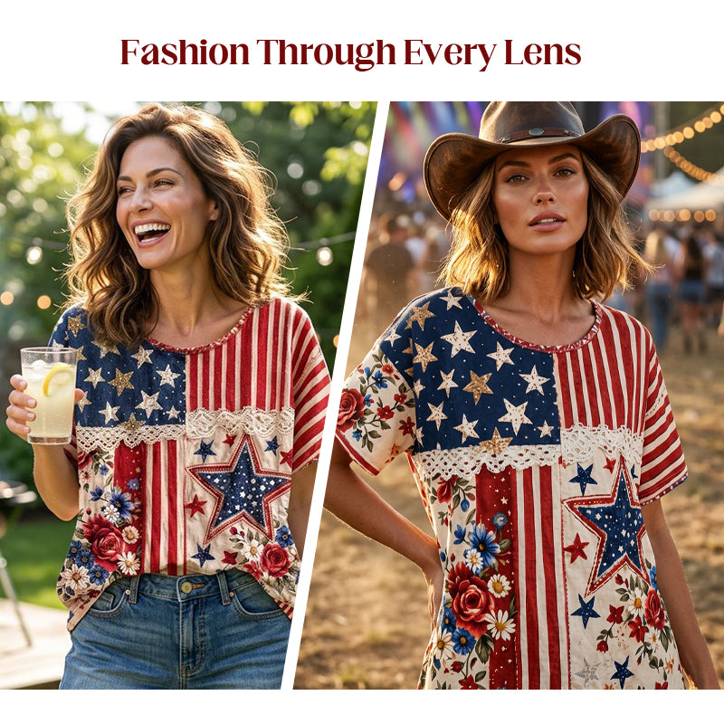 Women's Retro American Floral Patchwork Print Casual T-shirt
