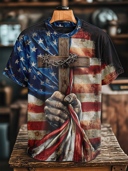 Men's Vintage Casual American Flag Cross Art Short Sleeve T-Shirt
