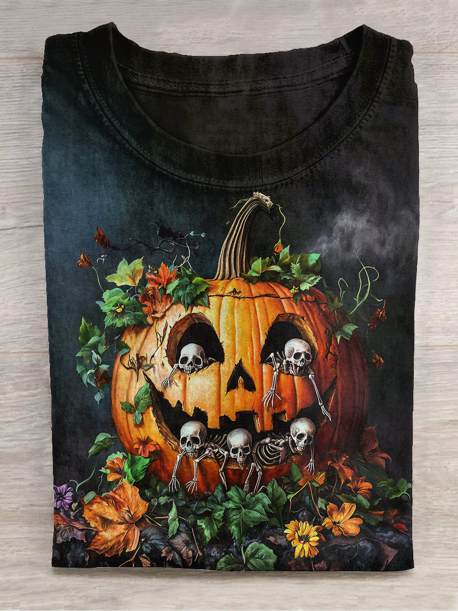 Halloween Pumpkin Skull Art Print Short Sleeve Casual T-Shirt