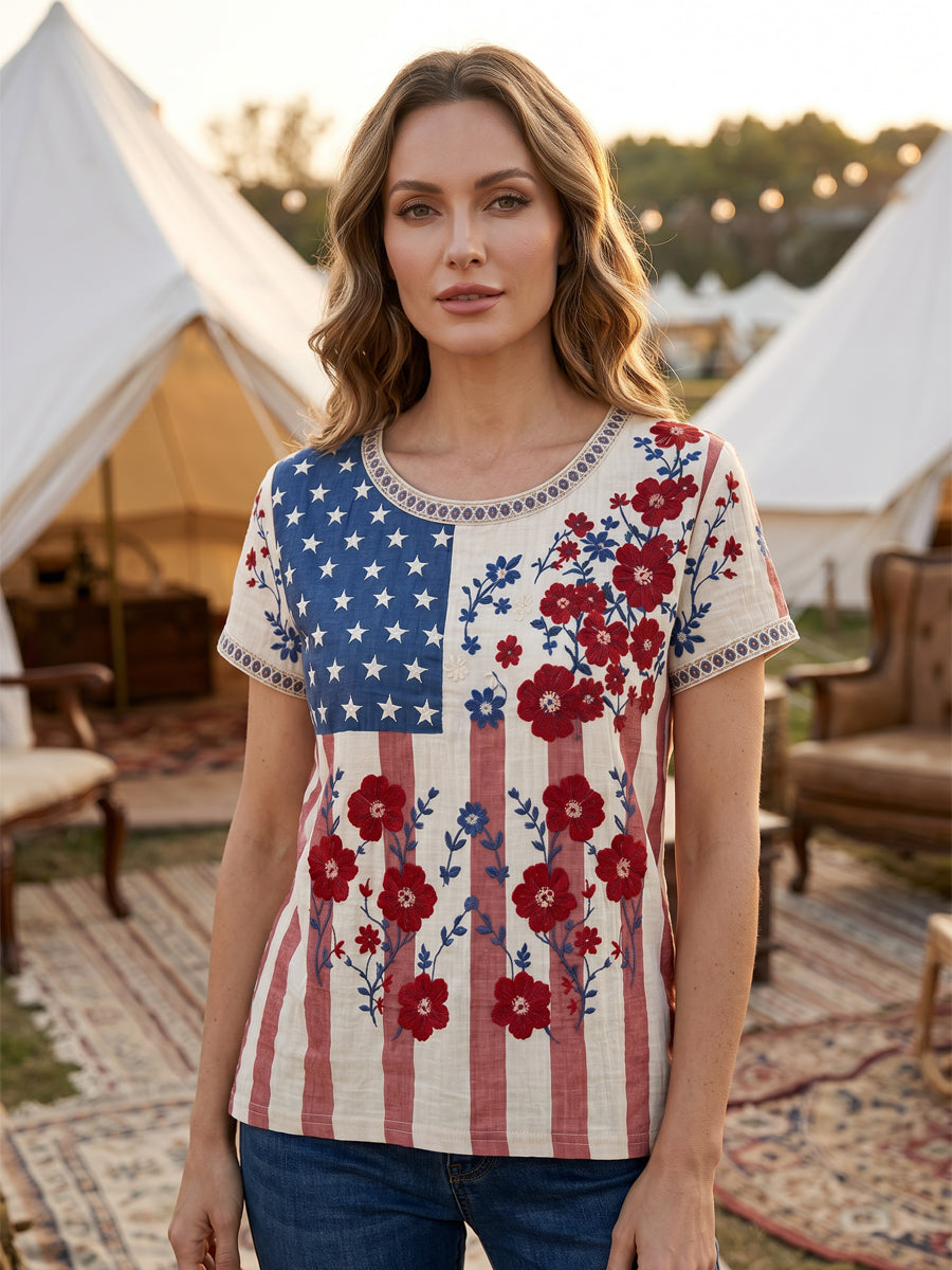 Women's Independence Day Flag & Floral Pattern Casual Short Sleeves Top