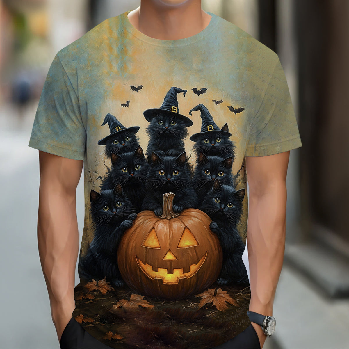 Unisex Halloween Wizard Cats Printed Casual T-Shirt