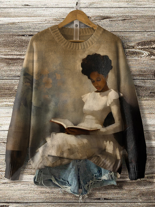 Women's Vintage Black Woman Reading Oil Painting Print Knit Sweatshirt