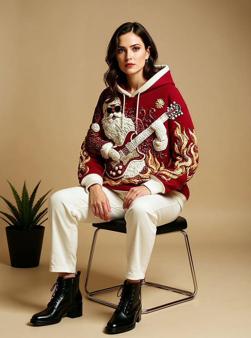 Men's Christmas Santa Guitar Drop-Shoulder Hoodie (No Pockets)