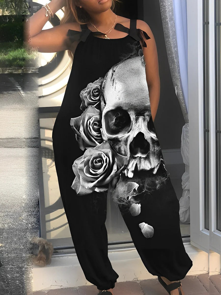 Women's Casual Cotton And Linen Skull Print Jumpsuit Overalls