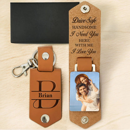 Drive Safe, Handsome – I Love You Personalized Leather Photo Keychain