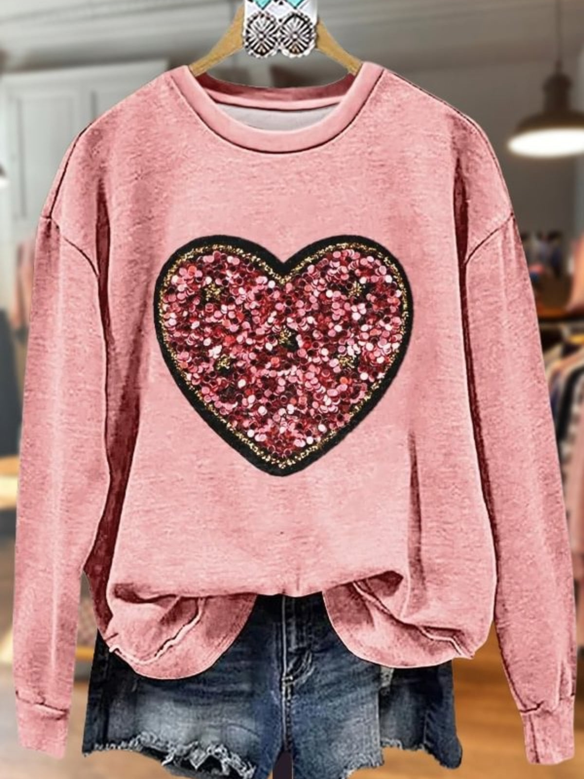 Sequin Heart Patch Valentine's Day Long Sleeve Top