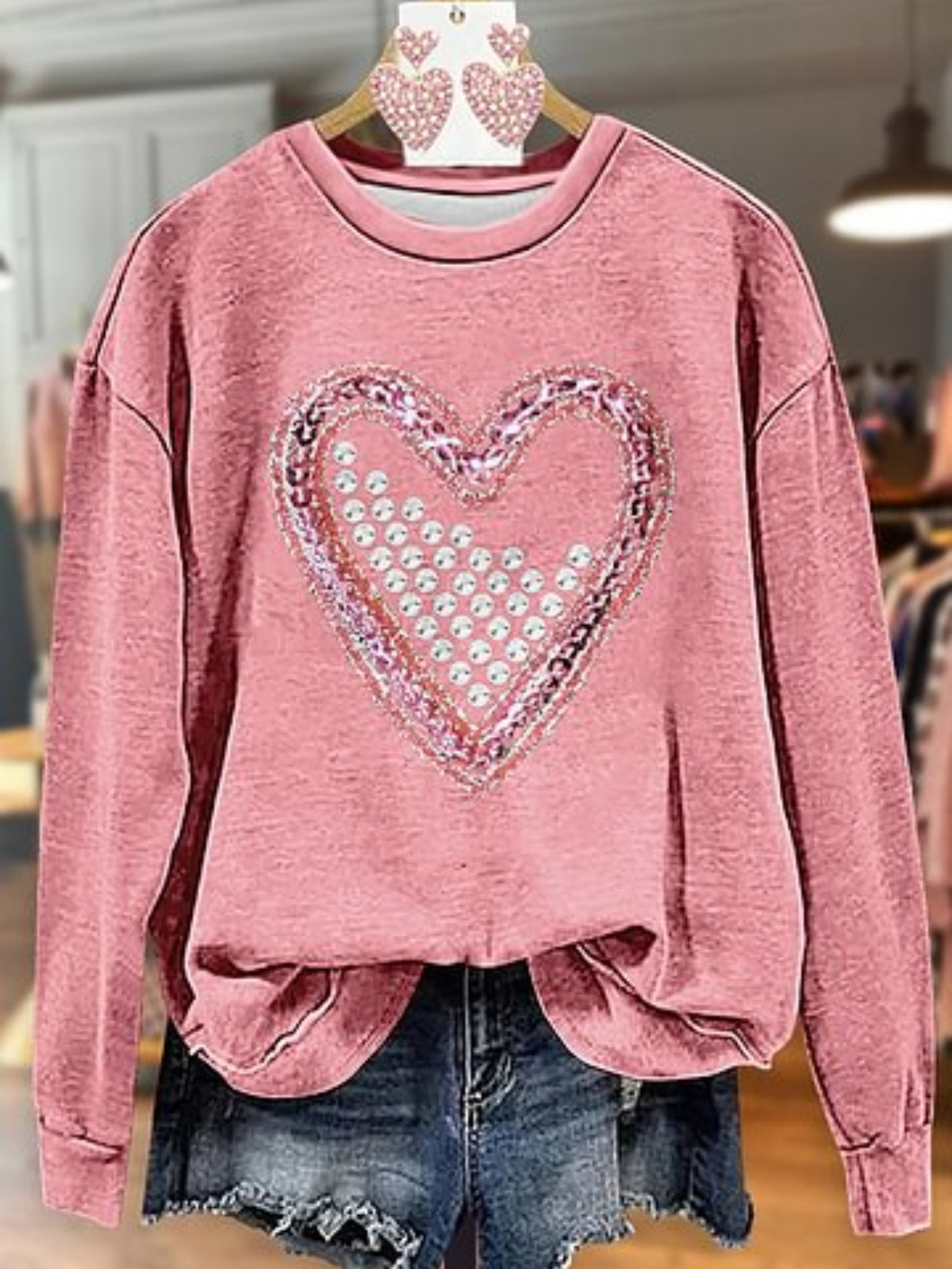 Glitter Heart Print  Long Sleeve Casual Top