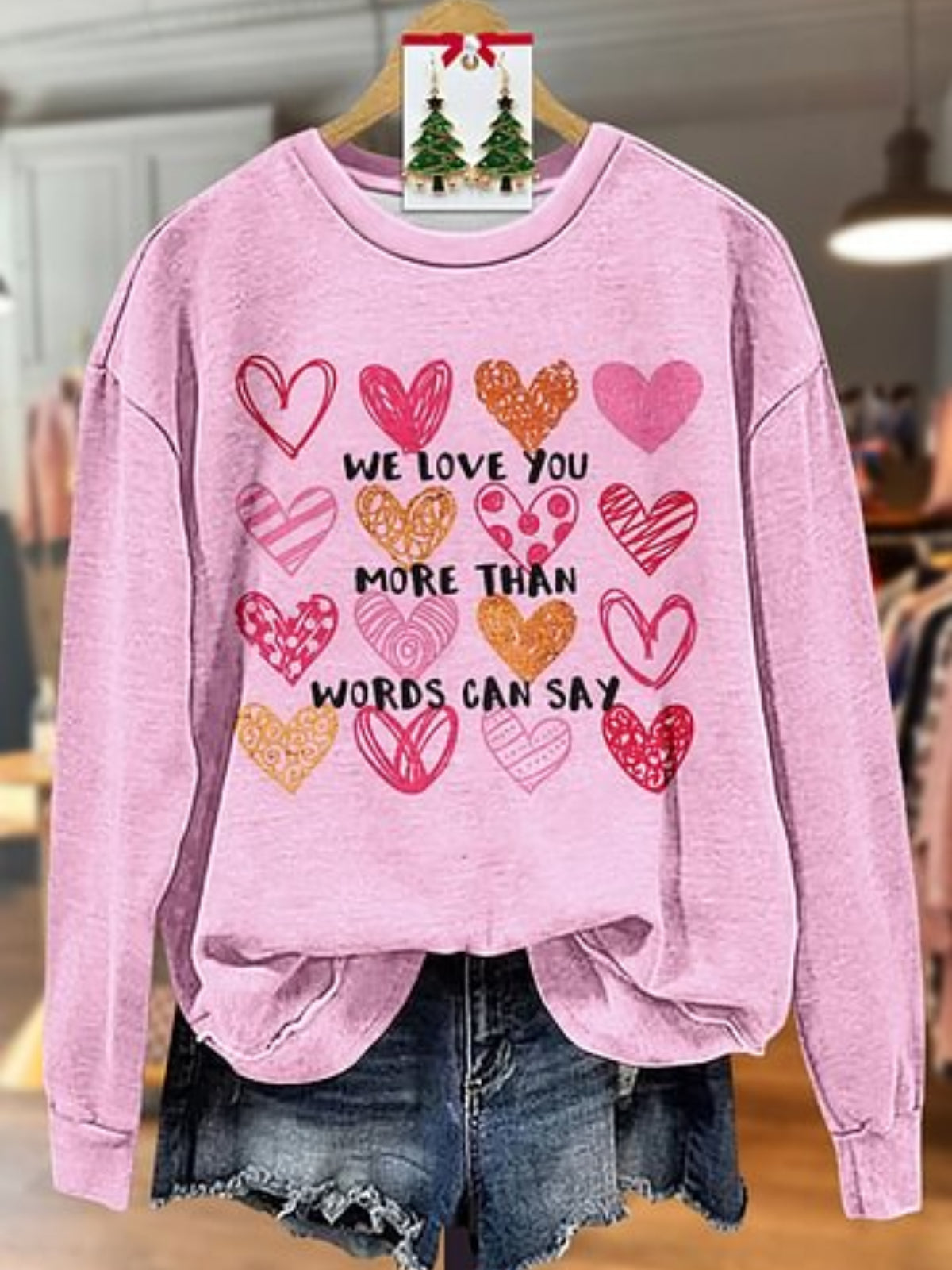 Mixed Heart Print  Long Sleeve Casual Top