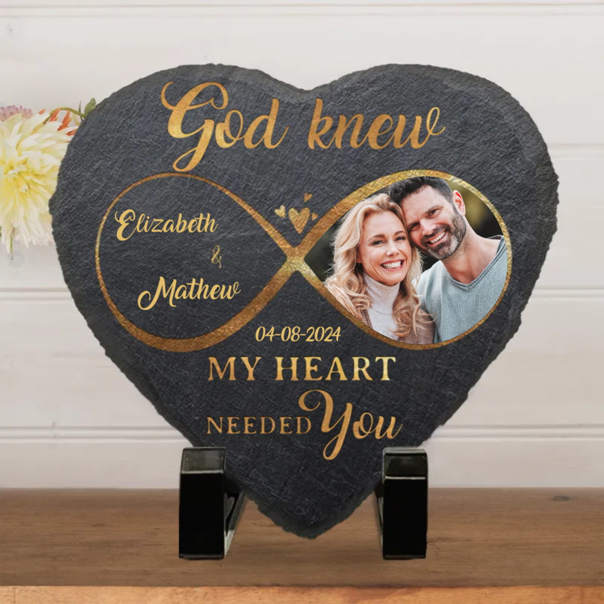 Custom Photo "God Knew My Heart Needed You" – Personalized Heart-Shaped Stone with Stand, Gift for Husband & Wife, Anniversary Keepsake