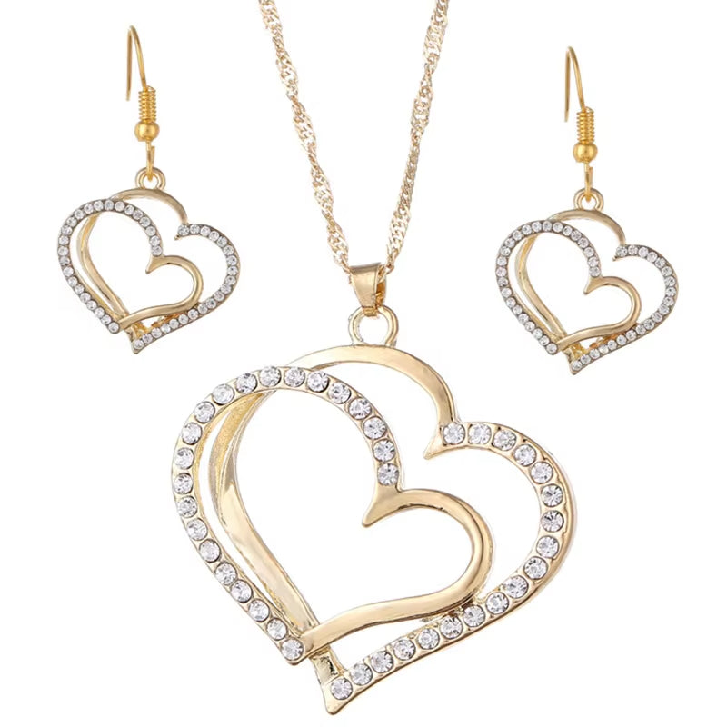 Heart Pendant Jewelry Set - Double Heart Necklace, Earrings, and Bracelet