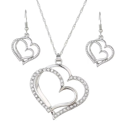 Heart Pendant Jewelry Set - Double Heart Necklace, Earrings, and Bracelet