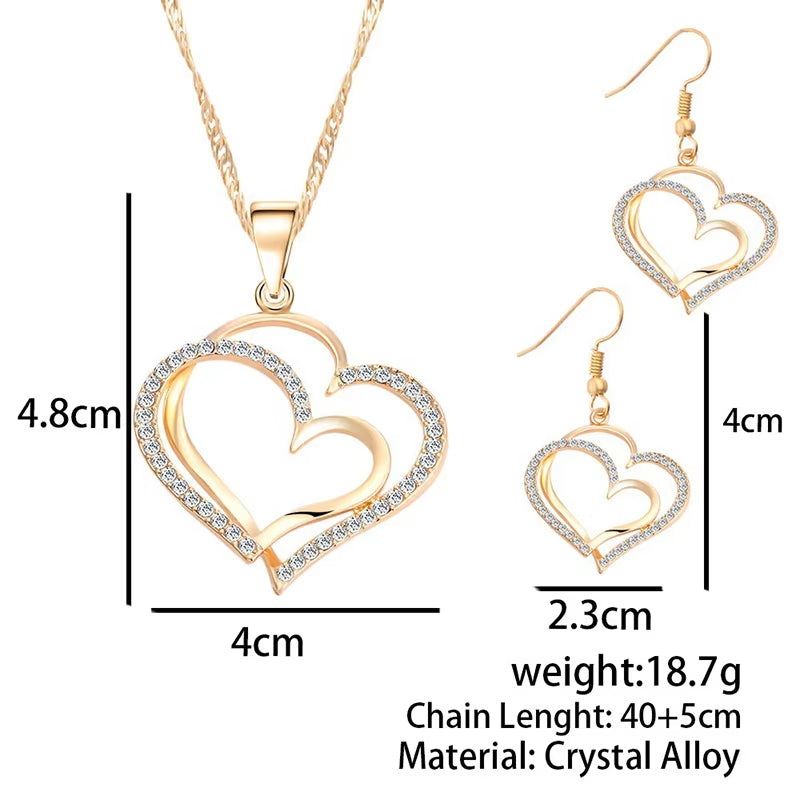 Heart Pendant Jewelry Set - Double Heart Necklace, Earrings, and Bracelet