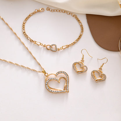 Heart Pendant Jewelry Set - Double Heart Necklace, Earrings, and Bracelet