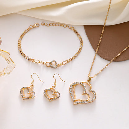 Heart Pendant Jewelry Set - Double Heart Necklace, Earrings, and Bracelet