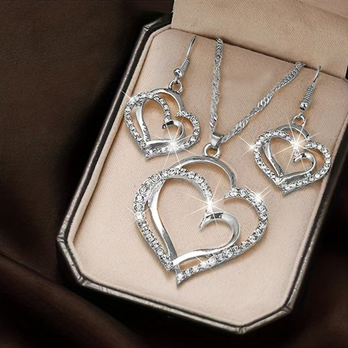 Heart Pendant Jewelry Set - Double Heart Necklace, Earrings, and Bracelet