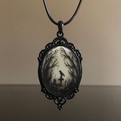 Gothic Crow Cross Glass Pendant Necklace