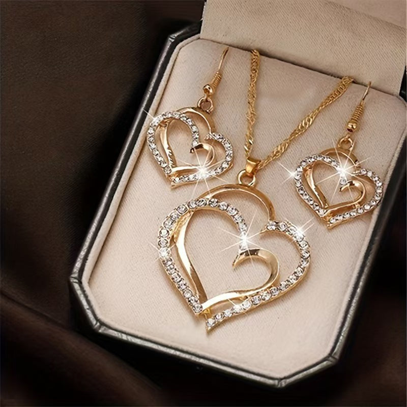 Heart Pendant Jewelry Set - Double Heart Necklace, Earrings, and Bracelet