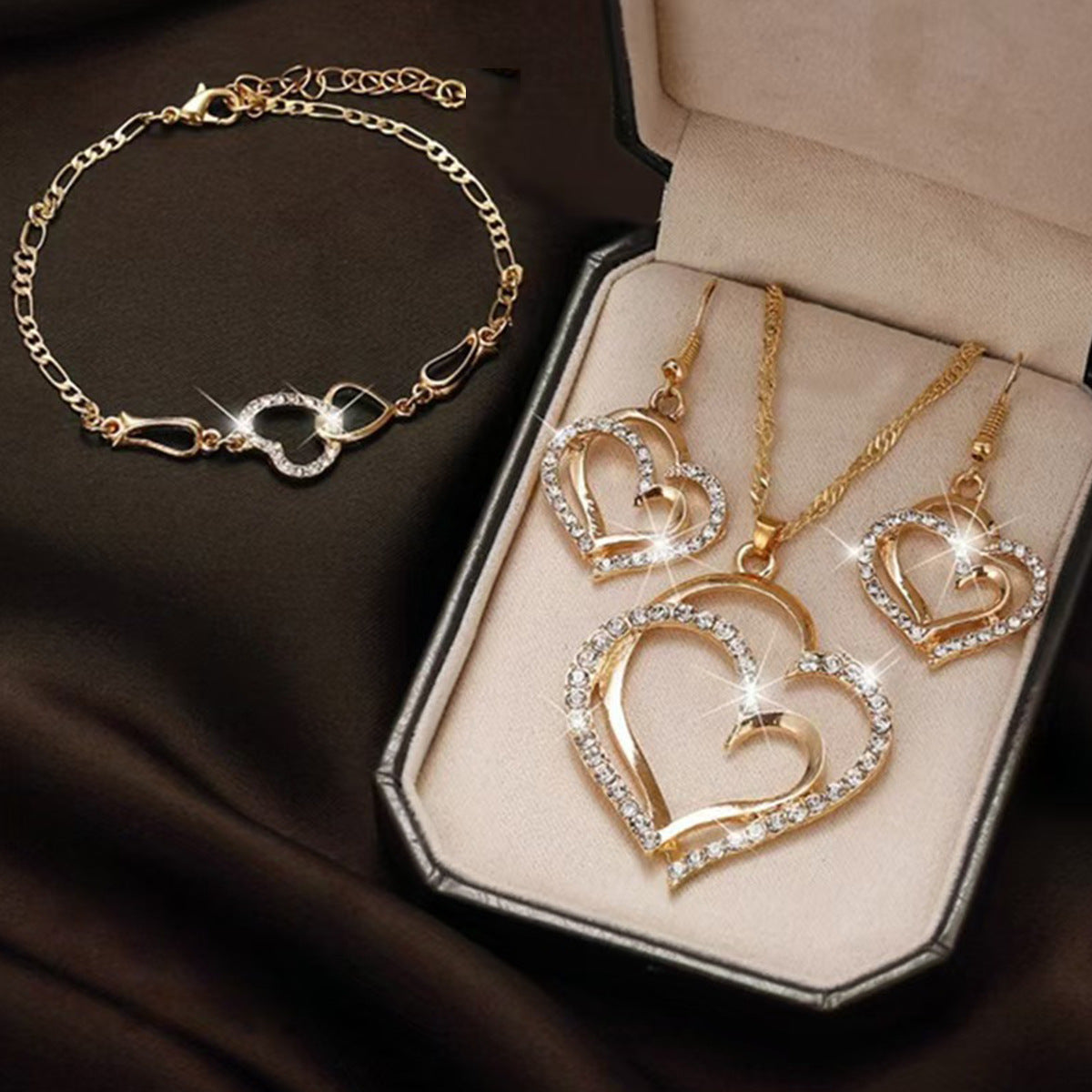 Heart Pendant Jewelry Set - Double Heart Necklace, Earrings, and Bracelet